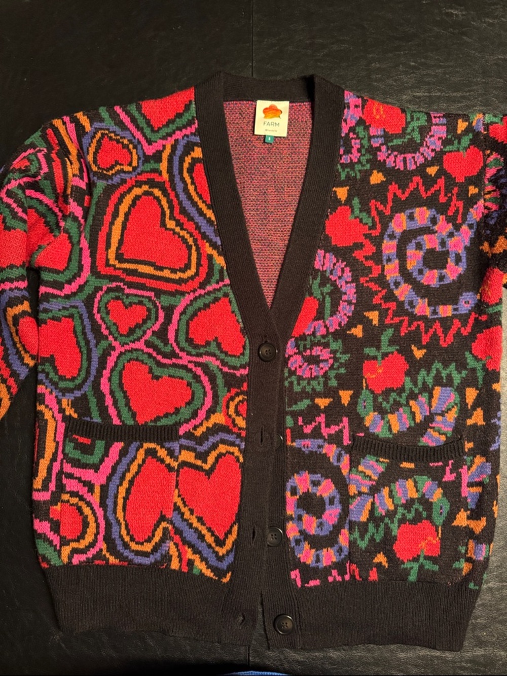 FARM Rio Black Multicolor Heart & Floral Pattern Cardigan